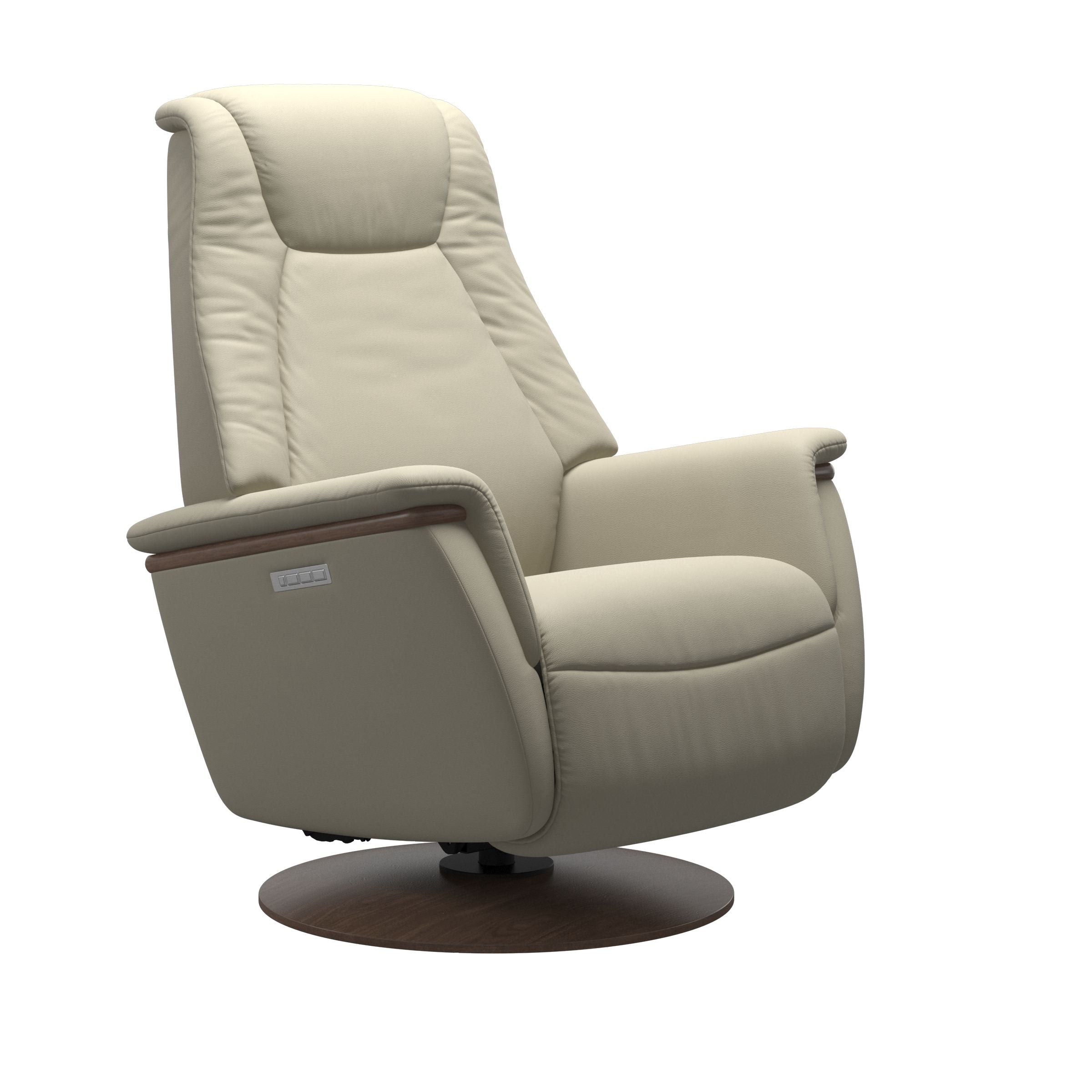 Light Gray leather recliner with wooden walnut moon base