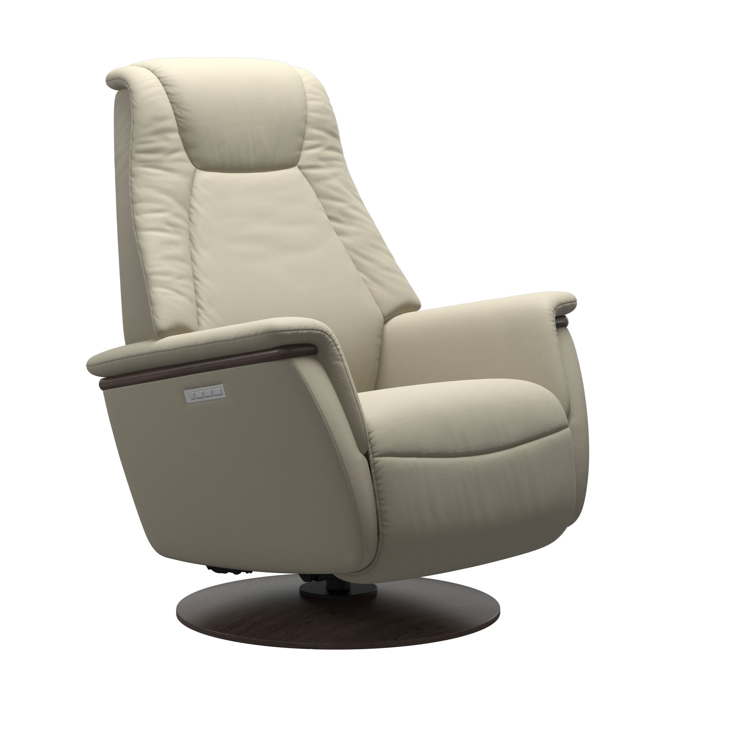 Light Gray leather recliner with wooden wenge moon base