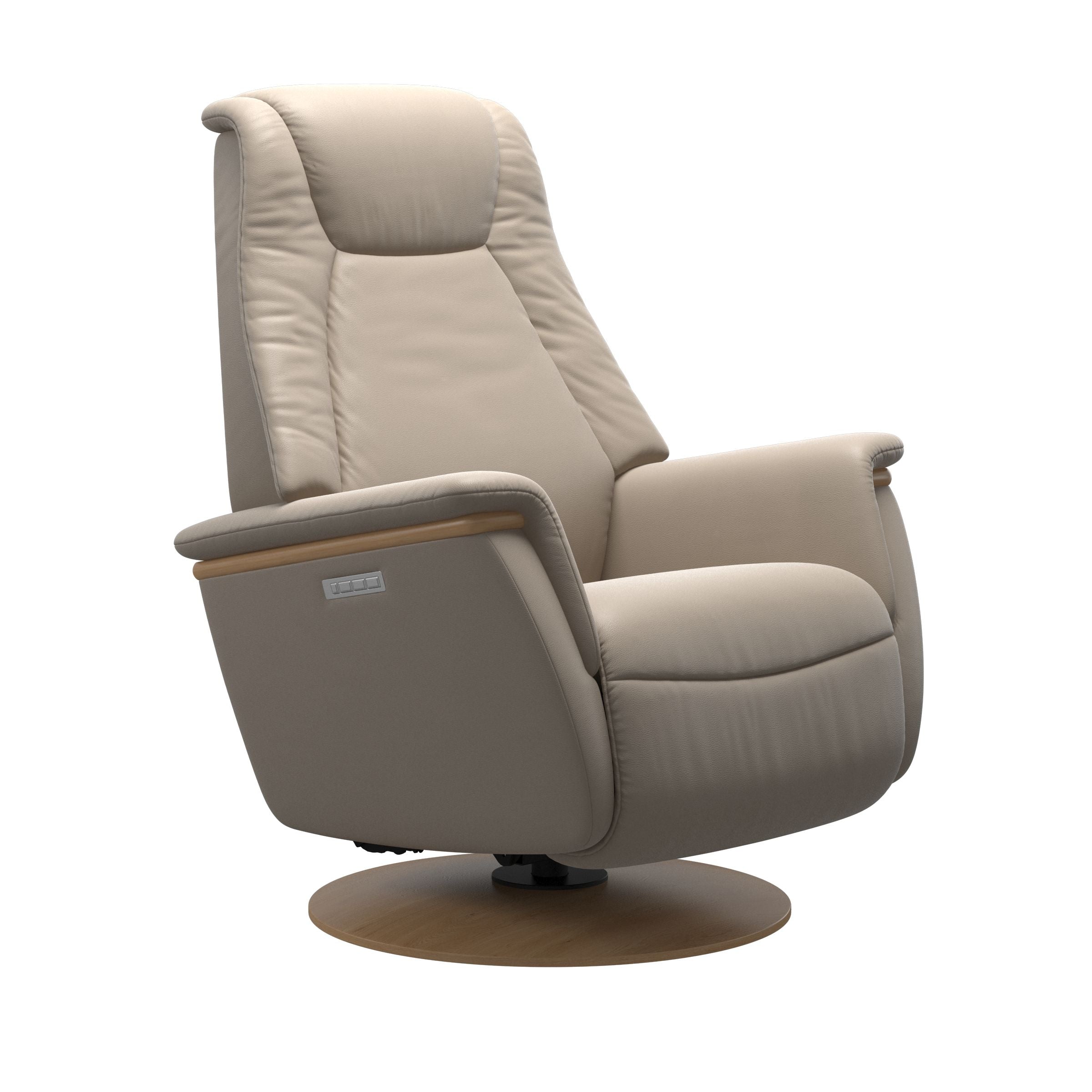 Mushroom colored leather recliner with wooden oak moon base