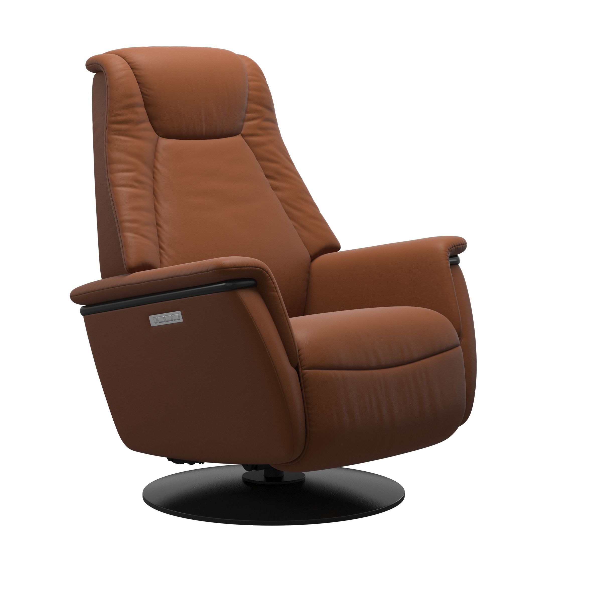 Leather Cognac recliner with wooden black moon base