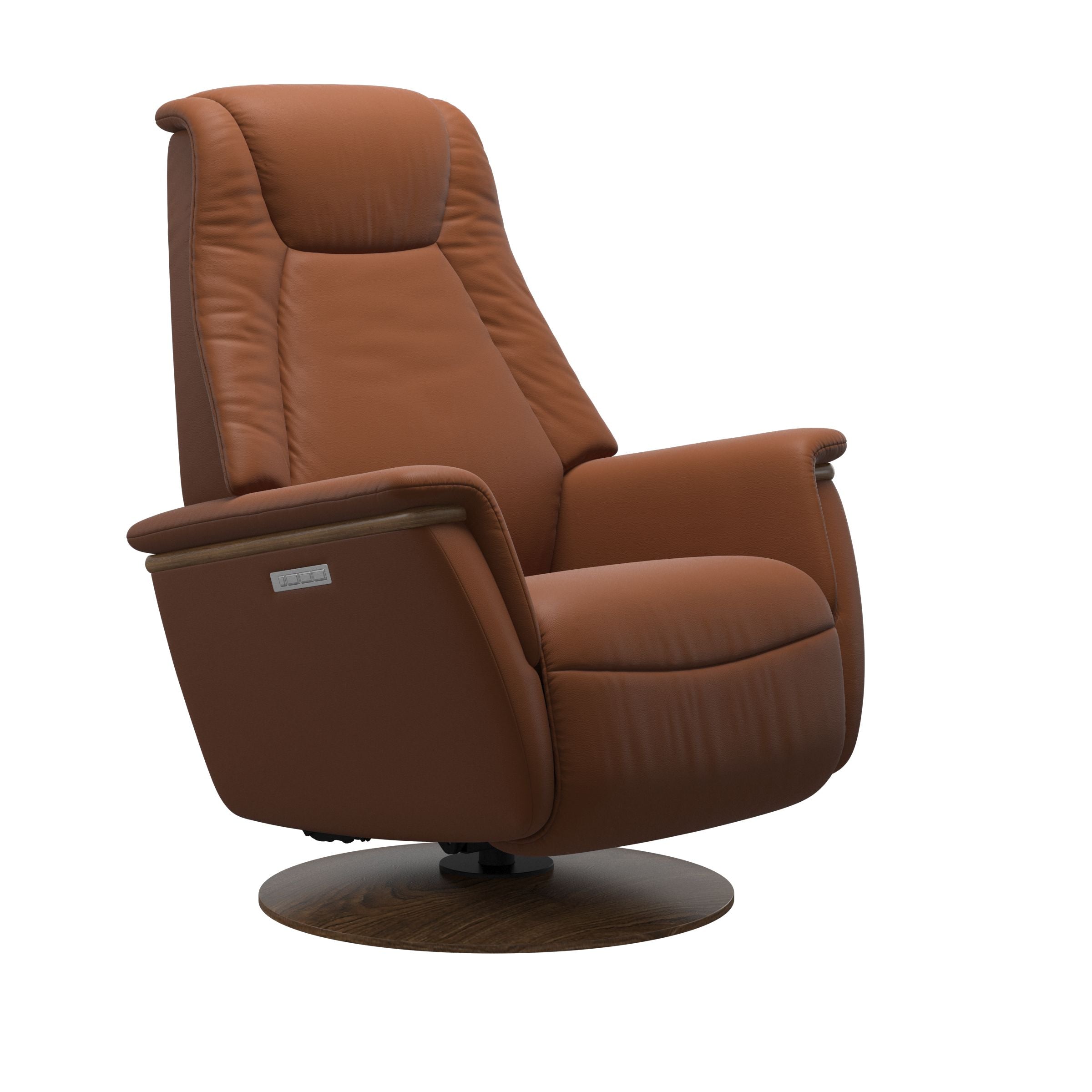 Cognac leather recliner with wooden teak moon base