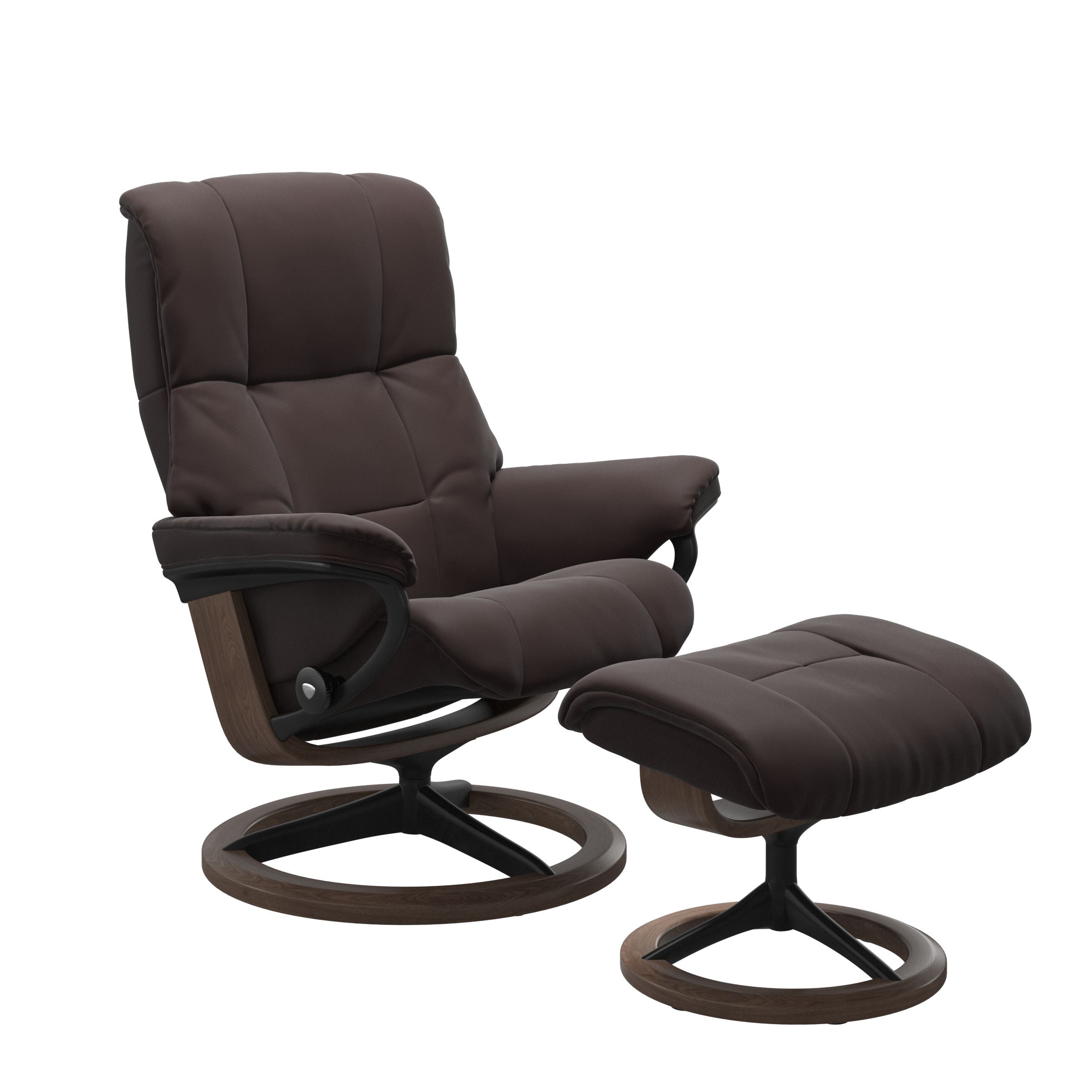 Paloma Chocolate recliner chair with ottoman black matte metal and wooden walnut signature base
