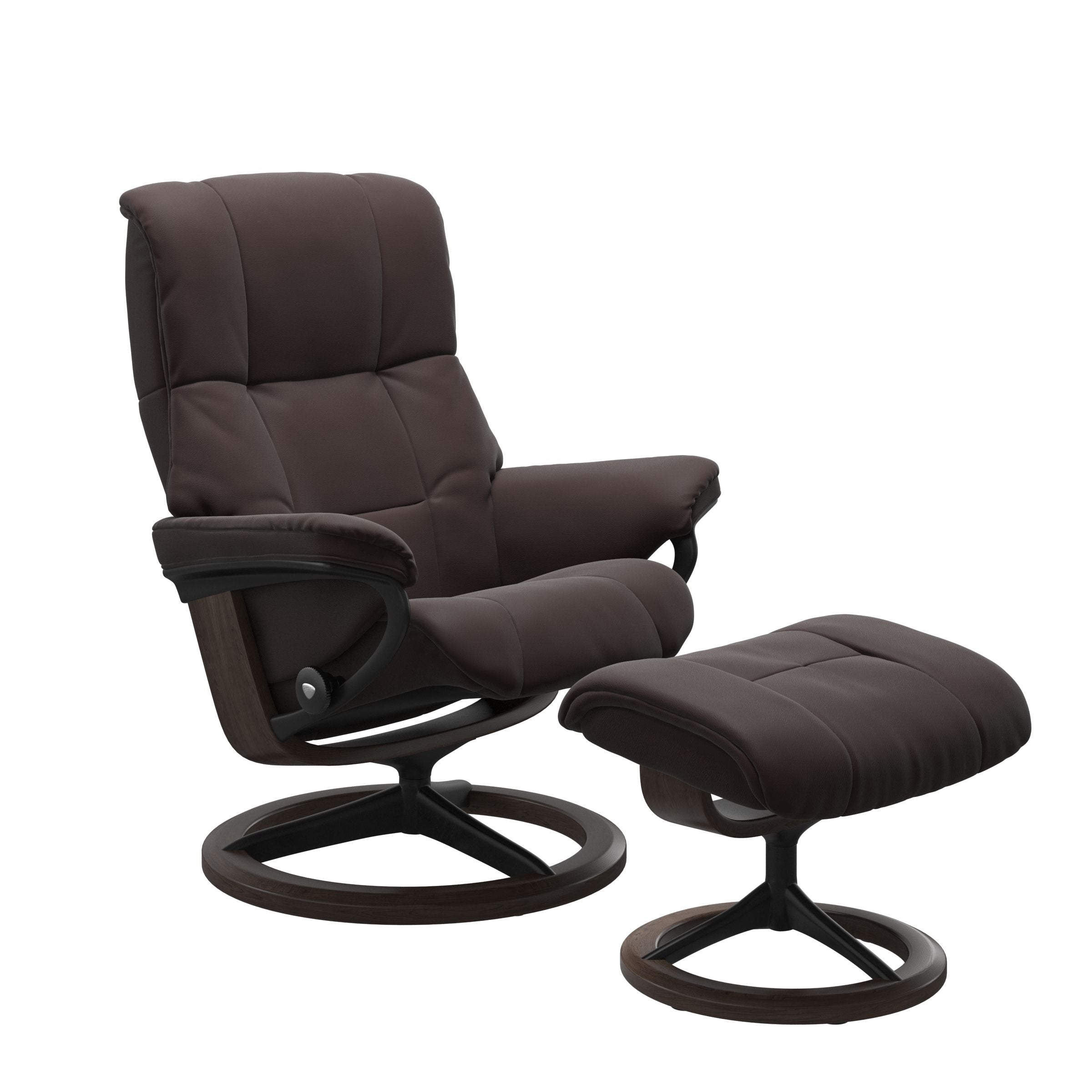 Paloma Chocolate recliner chair with ottoman black matte metal and wooden wenge signature base