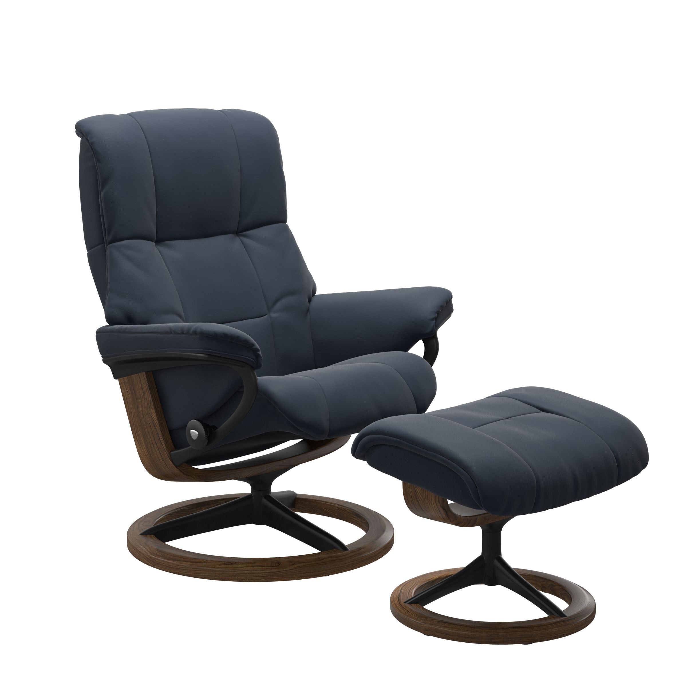 Paloma Oxford Blue recliner chair with ottoman black matte metal and wooden teak signature frame