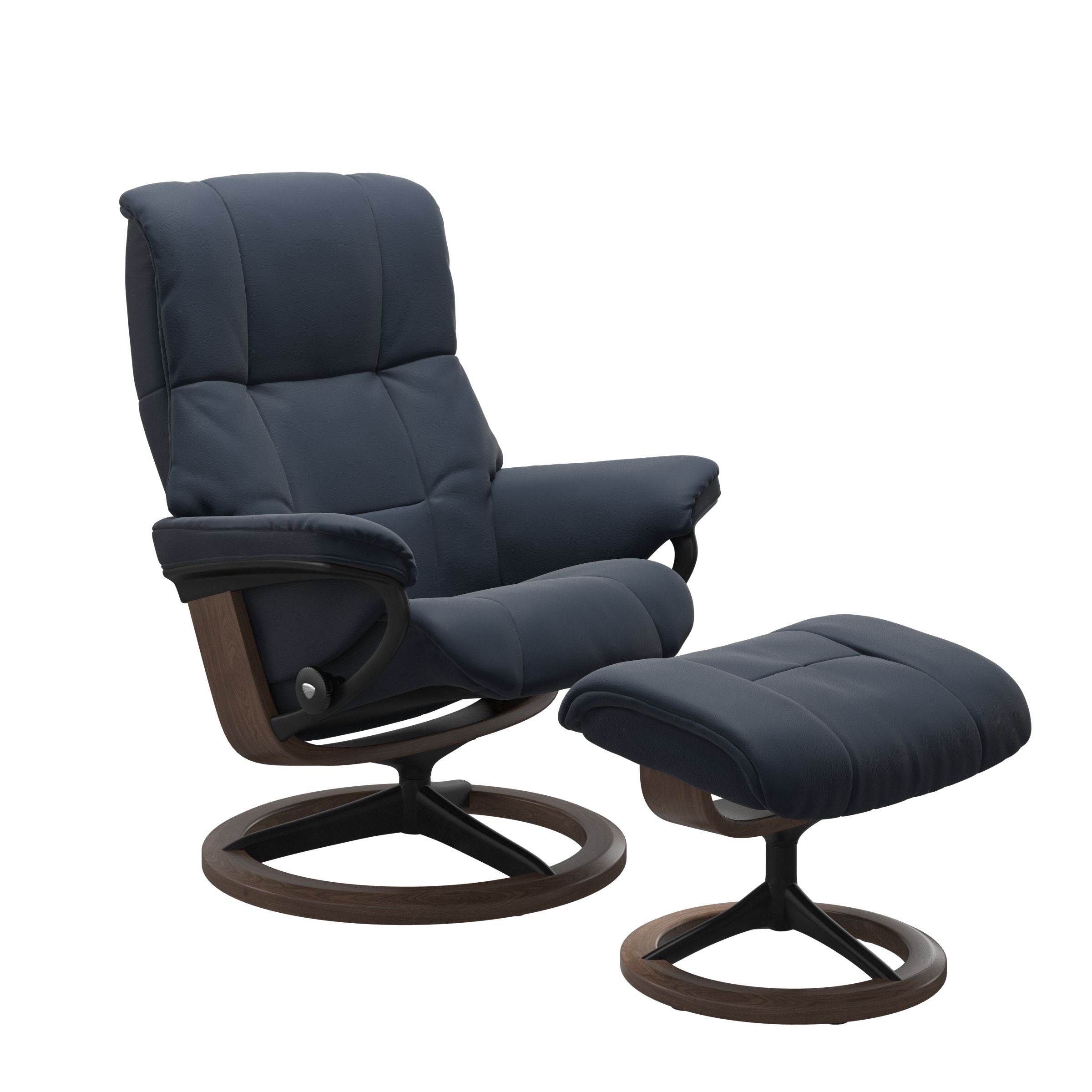 Paloma Oxford Blue recliner chair with ottoman black matte metal and wooden walnut signature frame