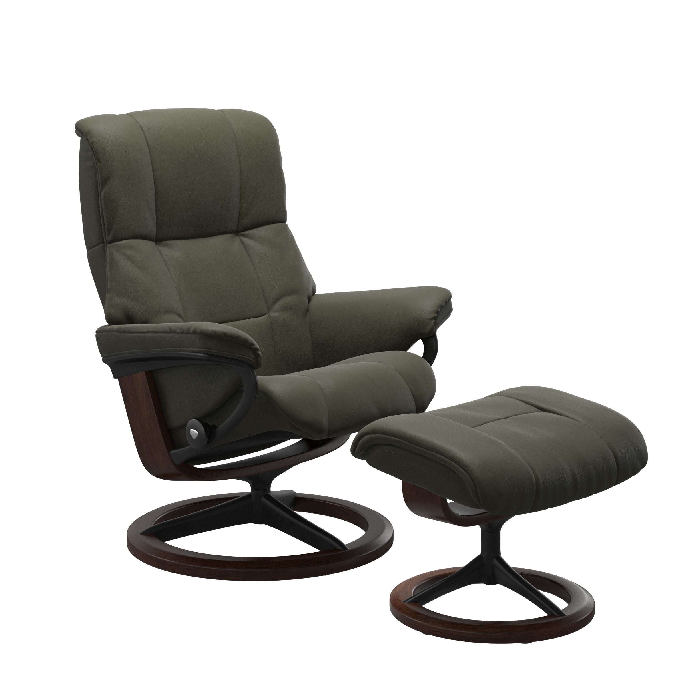 Paloma Dark Olive recliner chair with ottoman black matte metal and wooden brown signature frame
