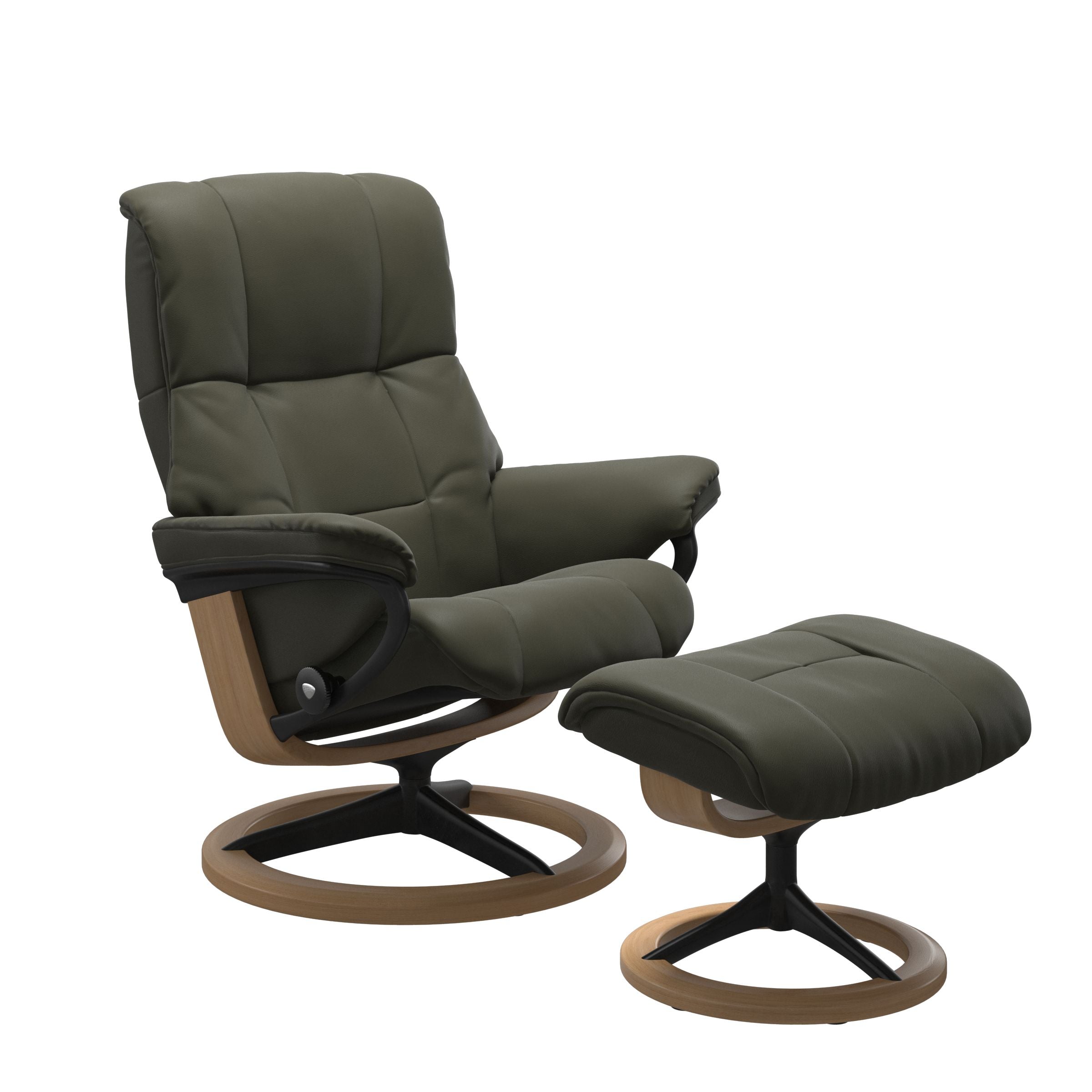 Paloma Dark Olive recliner chair with ottoman black matte metal and wooden oak signature frame