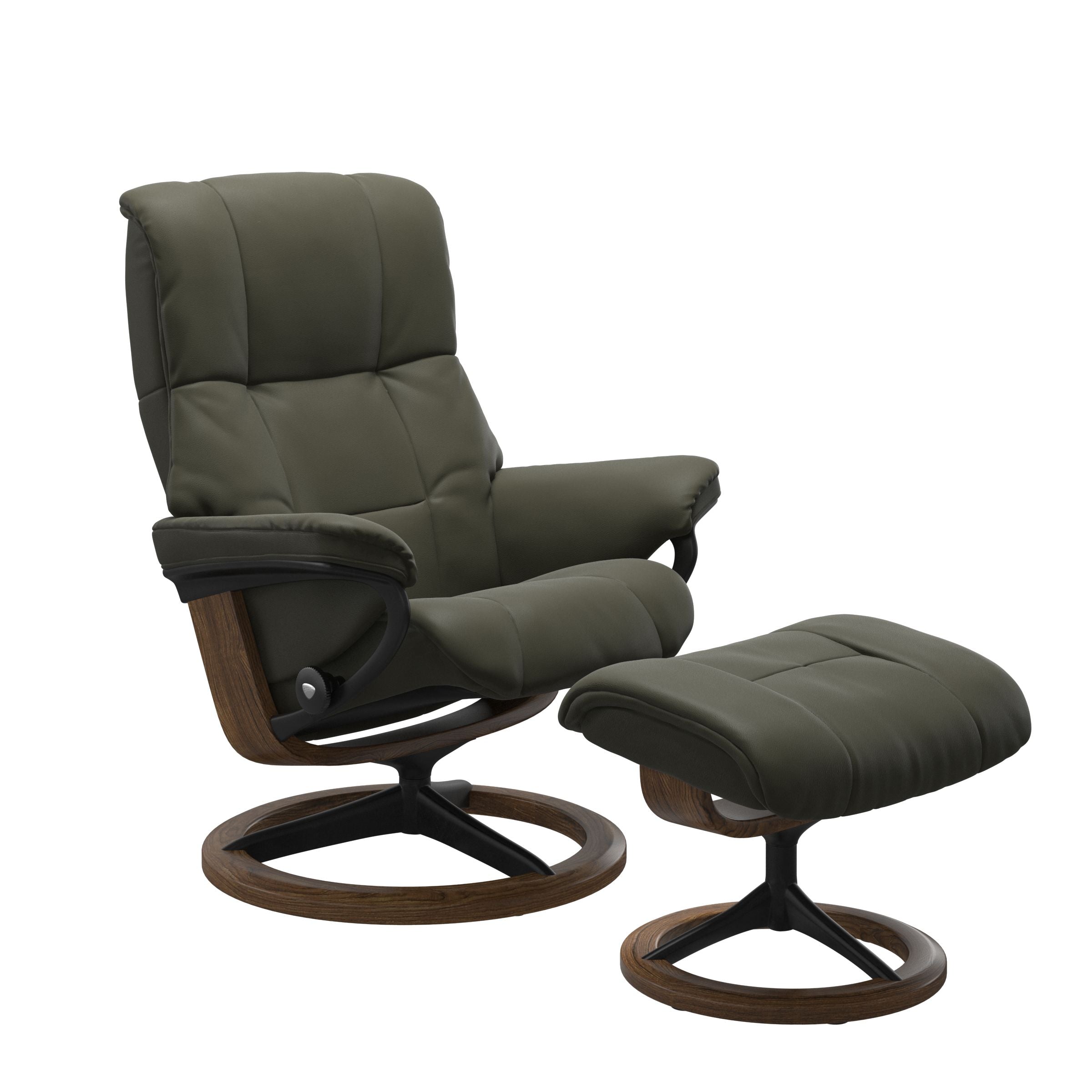 Paloma Dark Olive recliner chair with ottoman black matte metal and wooden teak signature frame