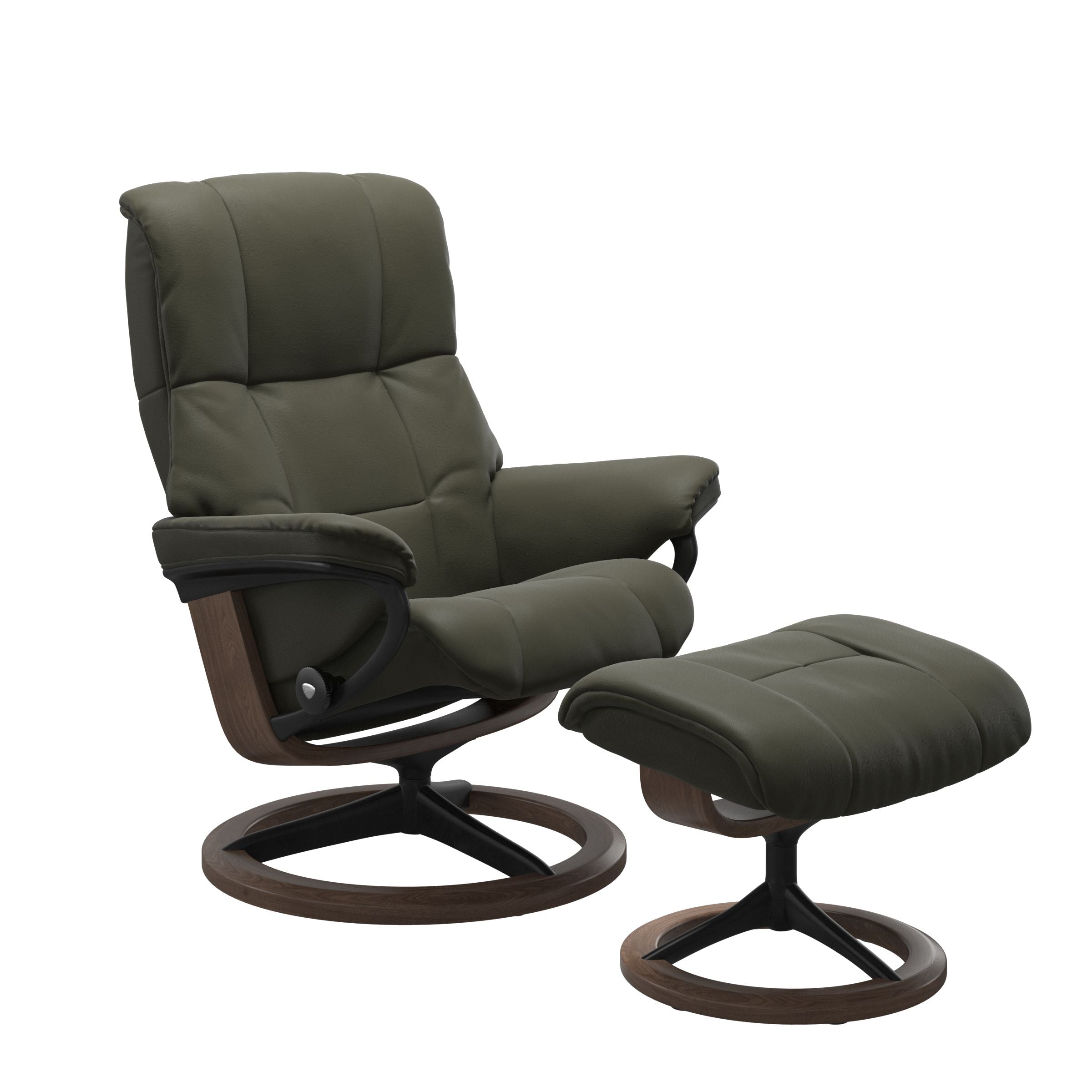 Paloma Dark Olive recliner chair with ottoman black matte metal and wooden walnut signature frame
