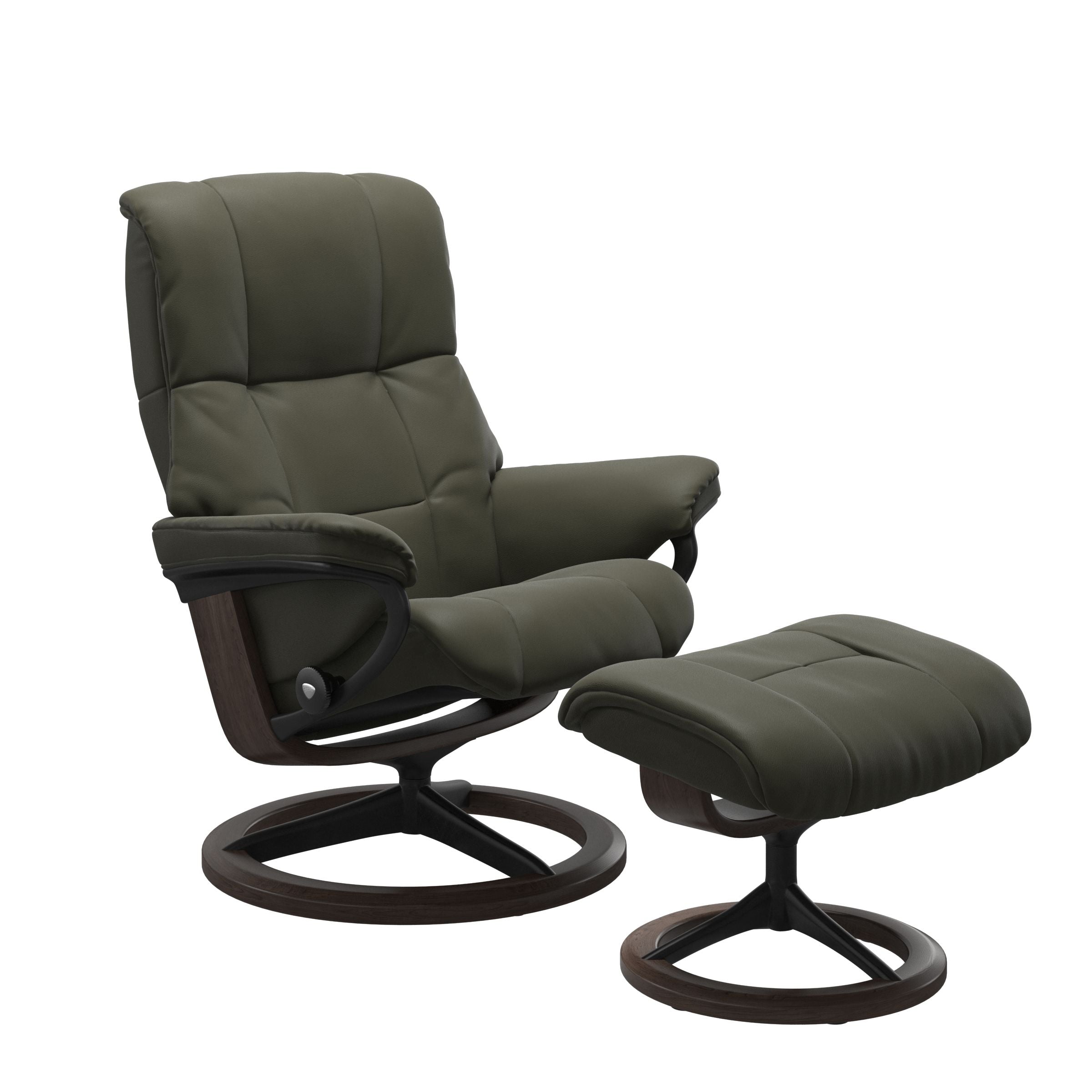 Paloma Dark Olive recliner chair with ottoman black matte metal and wooden wenge signature frame