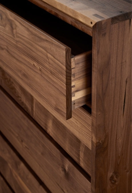 Rustic Walnut Tall Chest close up open top drawer