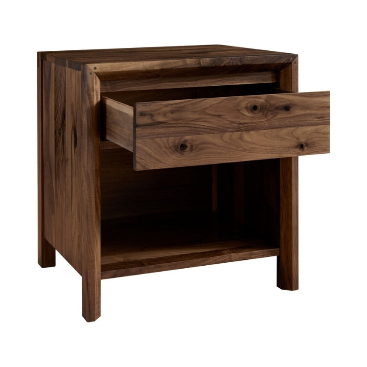 Rustic Walnut Open Nightstand open drawer