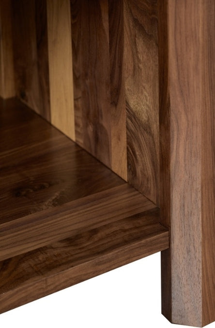 Rustic Walnut Open Nightstand close up bottom corner wood grain