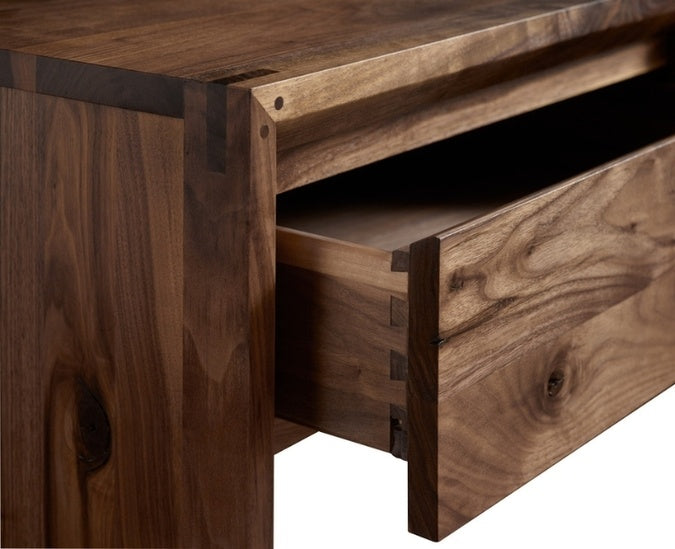 Rustic Walnut Open Nightstand close up open drawer