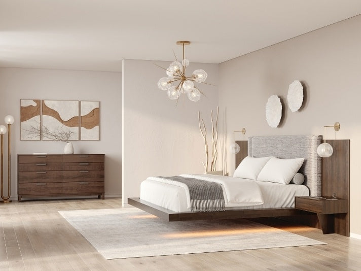 Savoy Bed in Natural Walnut in decorated room with attached nightstands and 10-drawer dresser