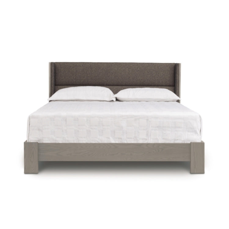 Sloane Bed with Legs in weathered oak and Grade B Slate fabric upholstery front view