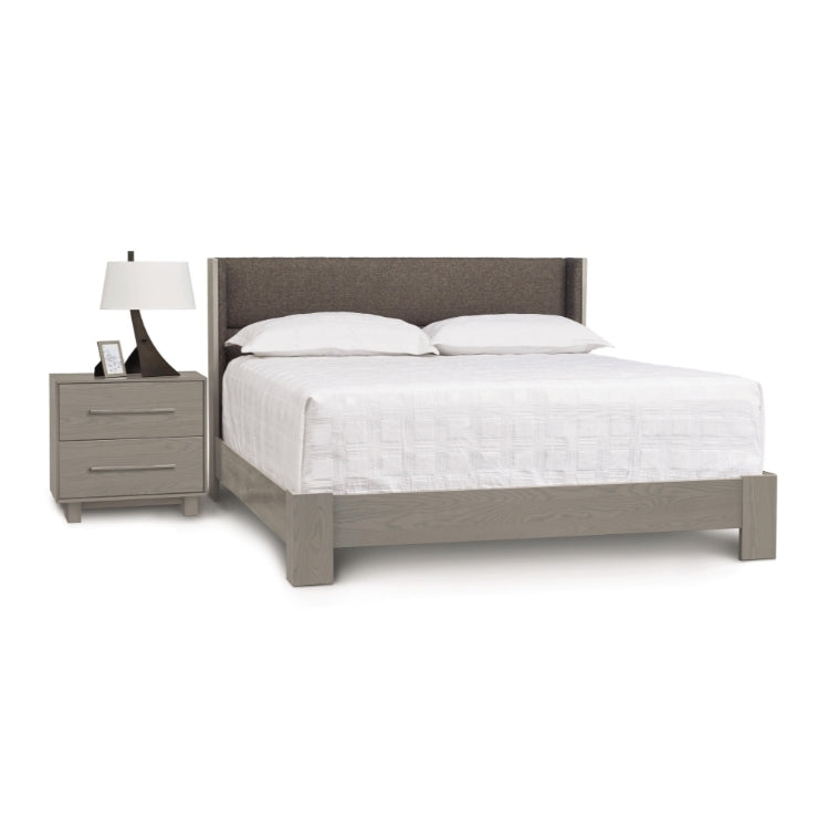 Sloane Bed with Legs in weathered oak and Grade B Slate fabric upholstery with 2 drawer nightstand