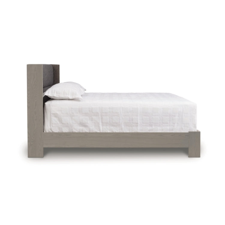Sloane Bed with Legs in weathered oak and Grade B Slate fabric upholstery side view