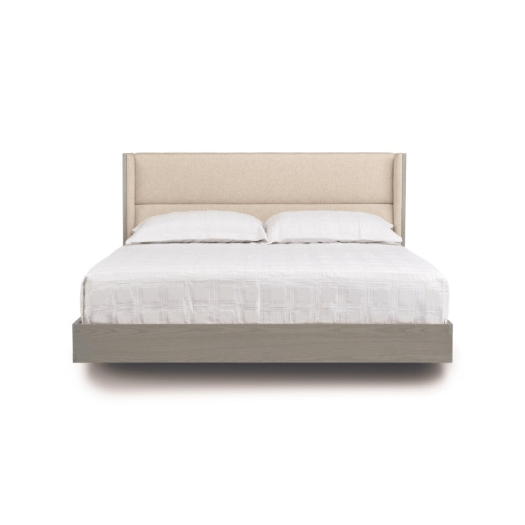 Sloane Floating Bed in weathered oak and Grade B Hemp fabric upholstery front view