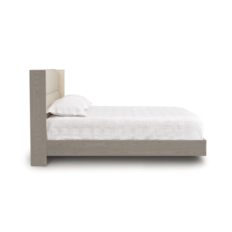 Sloane Floating Bed in weathered oak and Grade B Hemp fabric upholstery side view