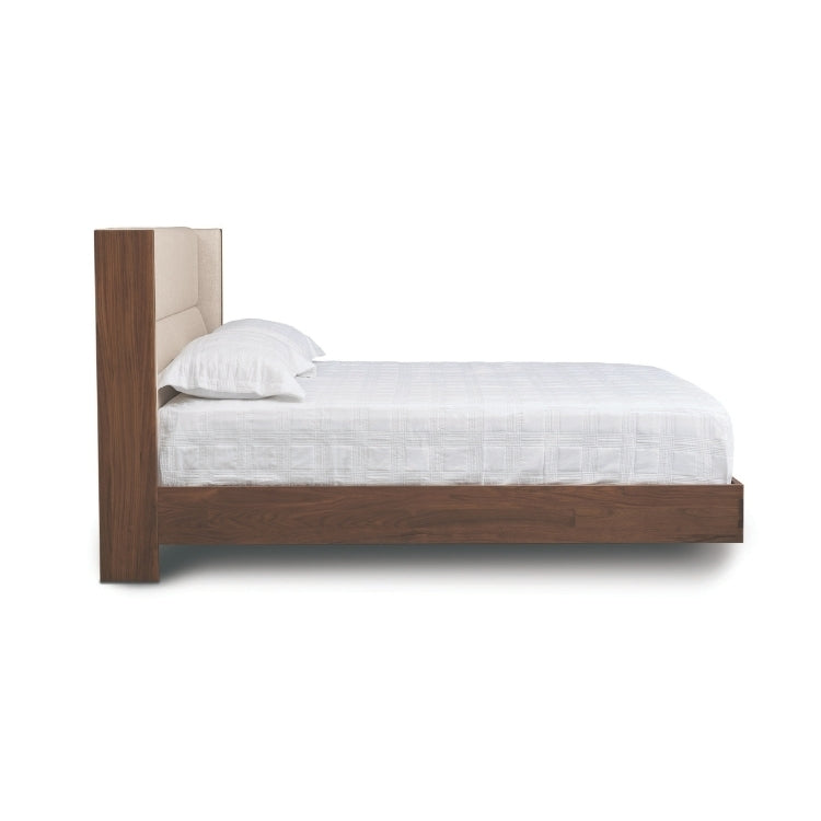 Sloane Floating Bed in walnut and Grade B Hemp fabric upholstery side view