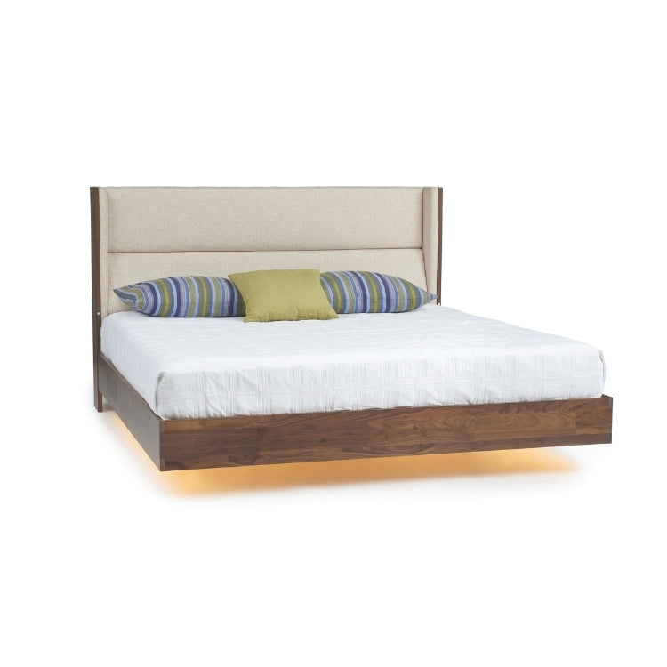 Sloane Floating Bed in walnut and Grade B Hemp fabric upholstery with optional under bed lighting