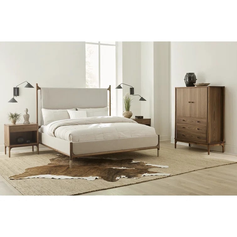 Walnut Grove Gentleman's Chest in decorated bedroom with bed, open nightstands, and rug