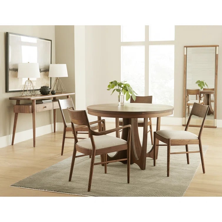 Walnut Grove Floor Mirror in dining room with table, chairs, console, and rug