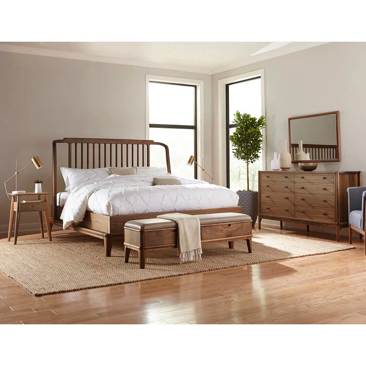 Walnut Grove Bench in decorated bedroom at foot of bed with dresser, nightstands, and rug