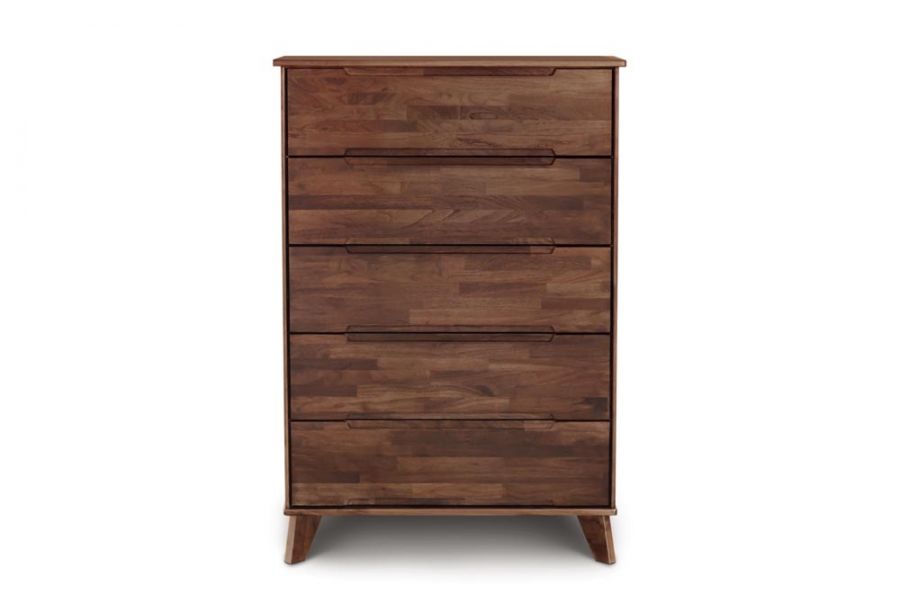 Linn Walnut Wooden five drawer dresser tall with recessed handles and angled legs in mid century modern style.