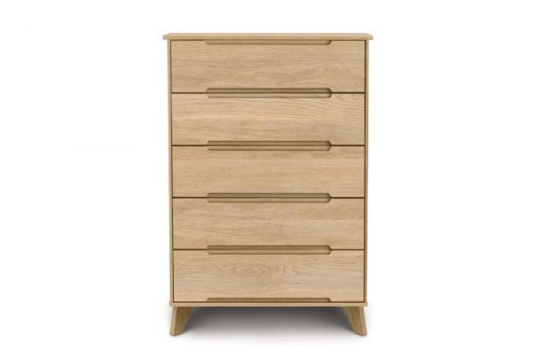 Linn Oak Wooden five drawer dresser tall with recessed handles and angled legs in mid century modern style.
