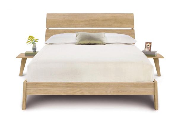 Linn Oak Platform Bed with slatted headboard,  and angled legs with 2 floating nightstands