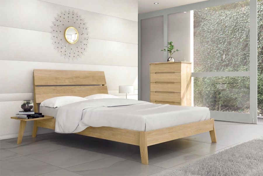 Linn Oak Platform Bed with slatted headboard, and angled legs with floating nightstand.