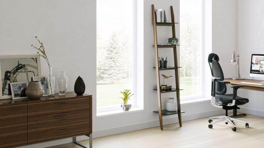 5701 Single Leaning Shelf in Natural Walnut with plants inside room
