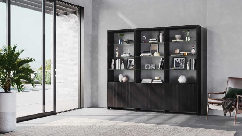 Linea 580222 Shelf System in Charcoal Stained Ash in a decorated living room
