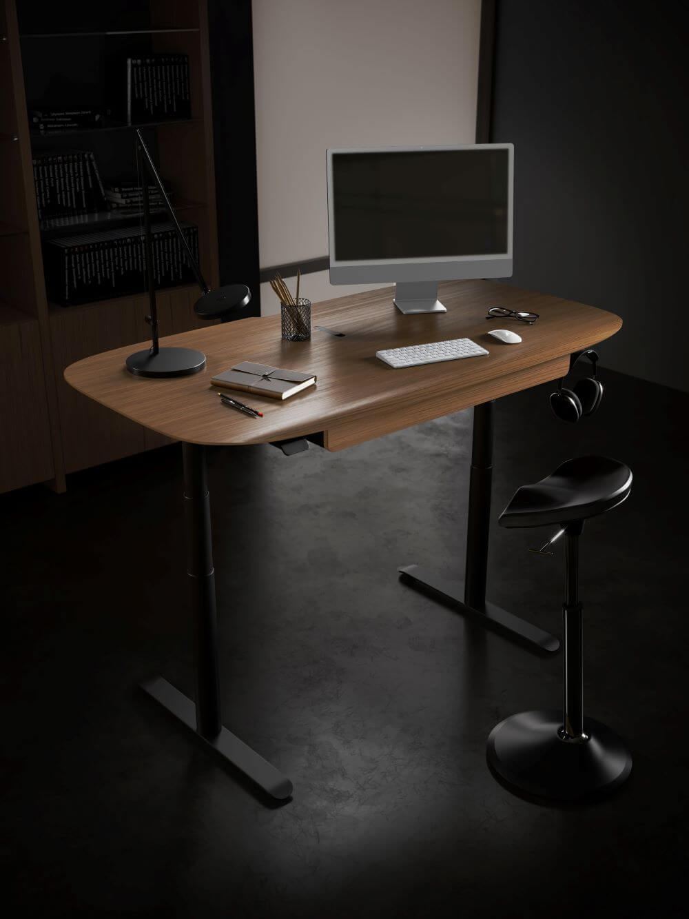 Soma 6359 Lift Desk Drawer in Natural Walnut with desk and lift desk