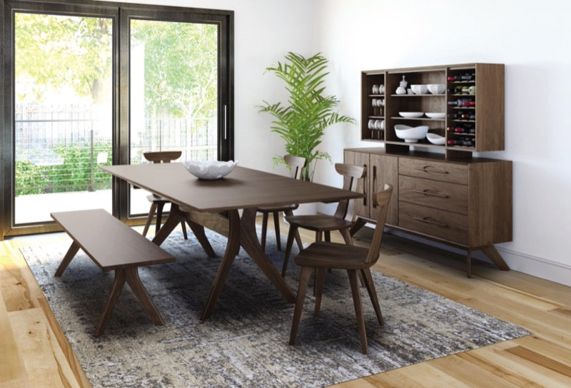 Audrey Dining Walnut in decorated dining room, featuring Audrey Extension Table, Dining Bench, Buffet with Hutch, and Estelle Chairs