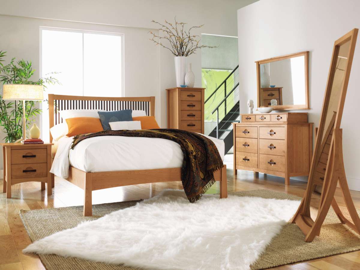 Berkeley Wall Mirror in cherry with dresser, chest, bed, and nightstand