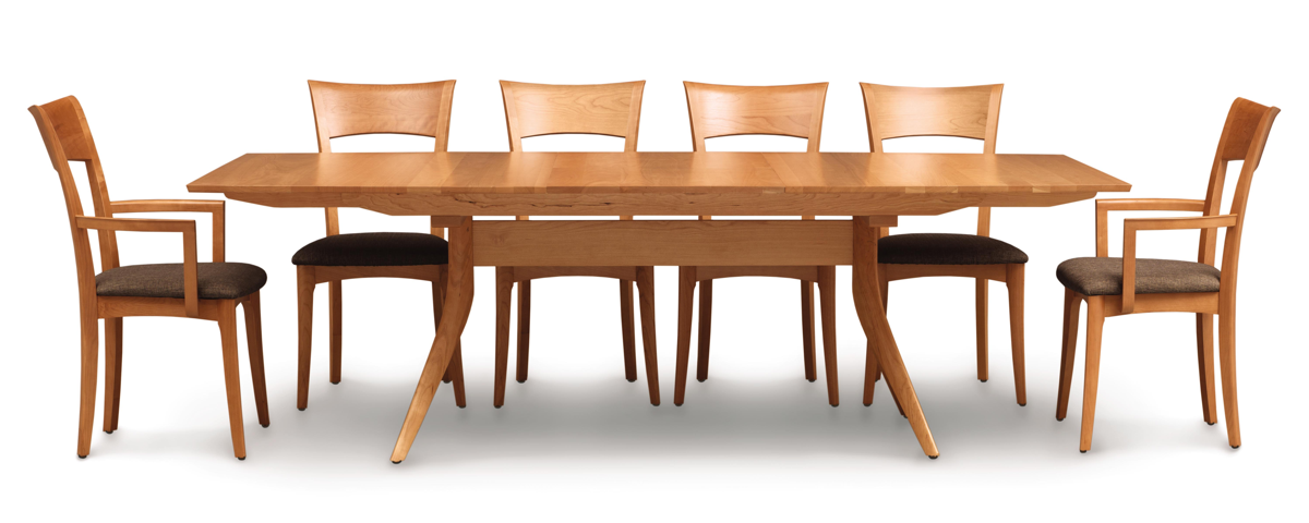 Catalina Trestle Table in Cherry, extended with chairs