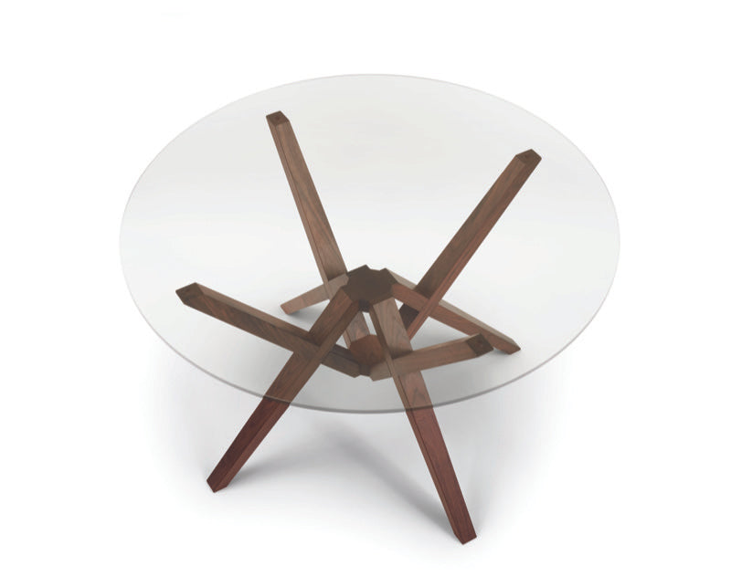 Exeter 60in Round Glass Top Table Top view with walnut base