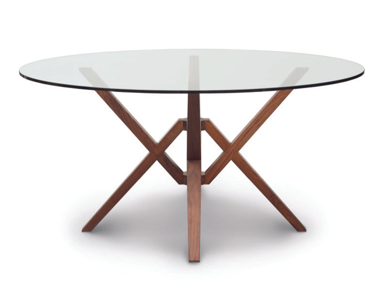 Exeter 60in Round Glass Top Table Head On with walnut base