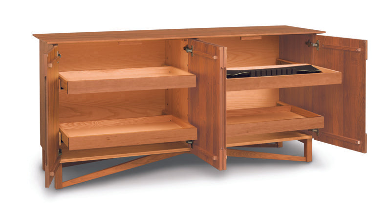 Exeter Buffet cherry with open cabinet doors showcasing roll out drawers