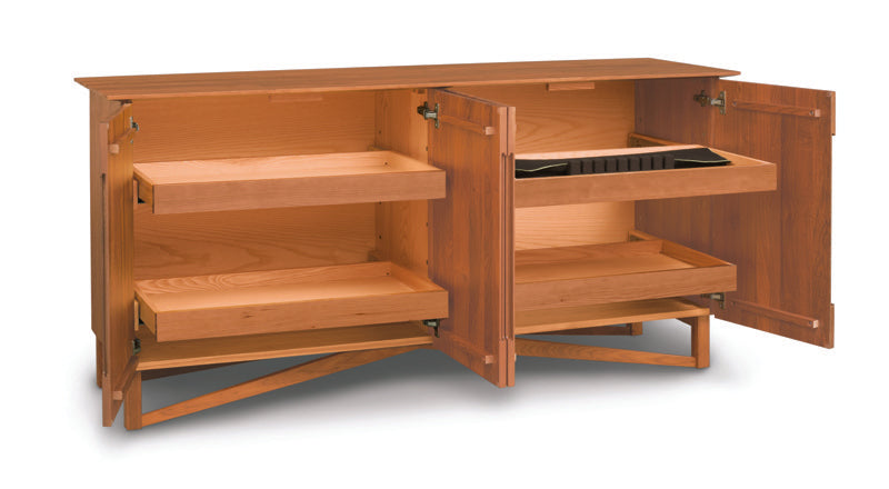 Exeter Buffet cherry with open cabinet doors showcasing roll out drawers