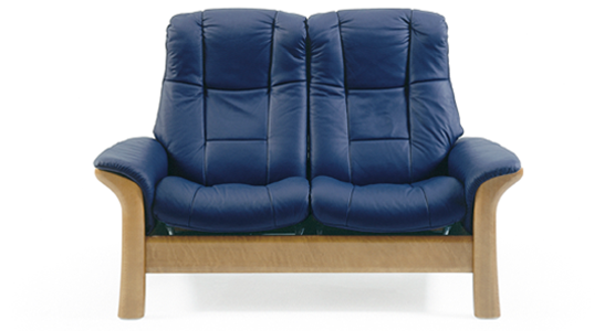 Stressless Windsor navy blue leather Highback Sofa 2 Seater with oak wooden legs.