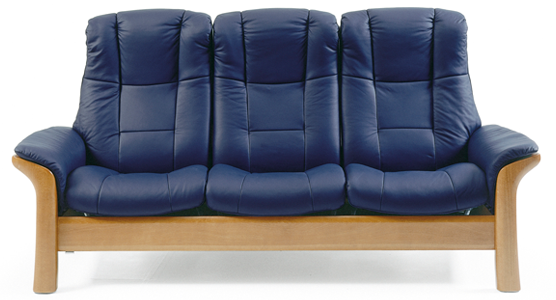 Stressless Windsor navy blue leather Highback Sofa 3 Seater with oak wooden legs.