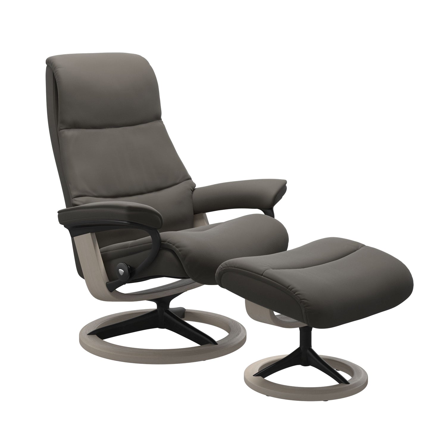 View recliner in Paloma Metal Grey with matching ottoman featuring a curved base in metal and whitewash