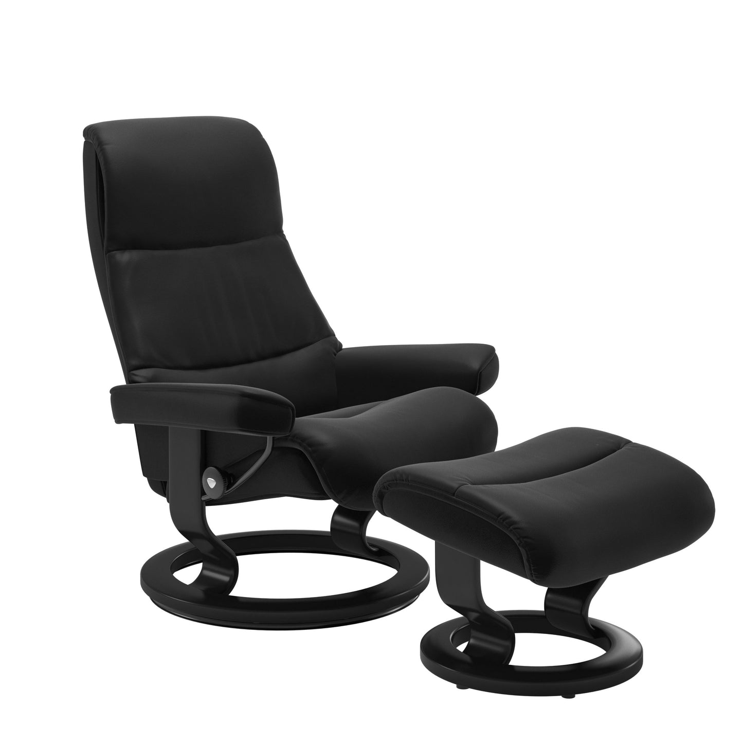 Recliner with matching ottoman in black with classic round wooden base in black with padded armrest.