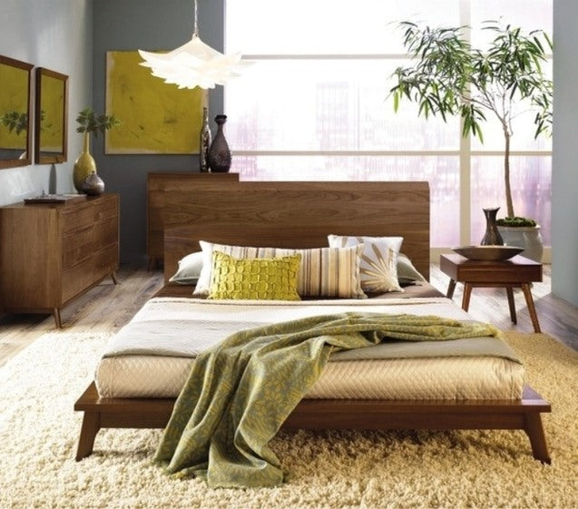 Catalina Bed in walnut in decorated room with nightstand, dresser, and chest