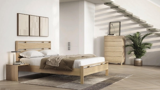 Oslo Bed in decorated room with attached nightstand, tall chest, and rug.