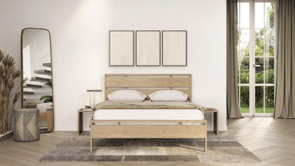 Oslo Bed in decorated room with mirror, 2 attached nightstands, and a rug.
